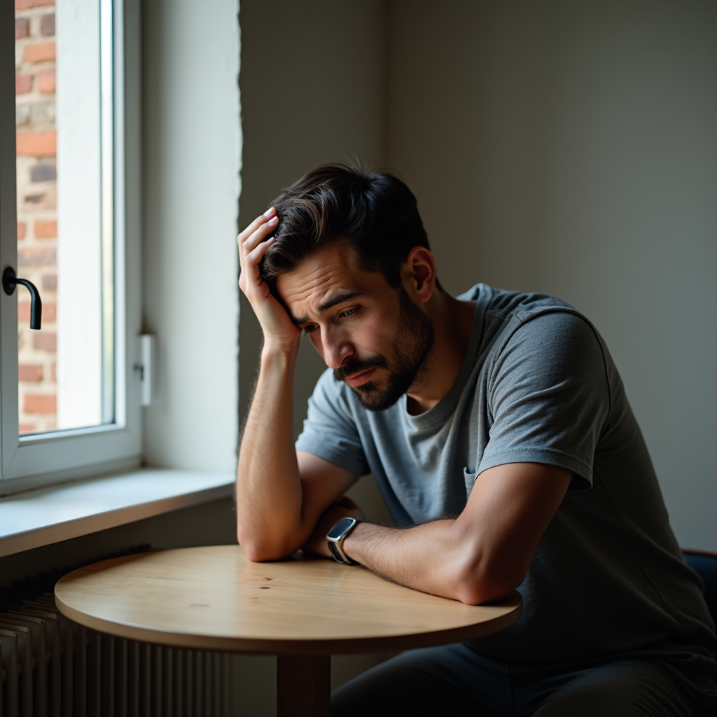 Person sitting alone in a quiet room, looking thoughtful and emotionally drained