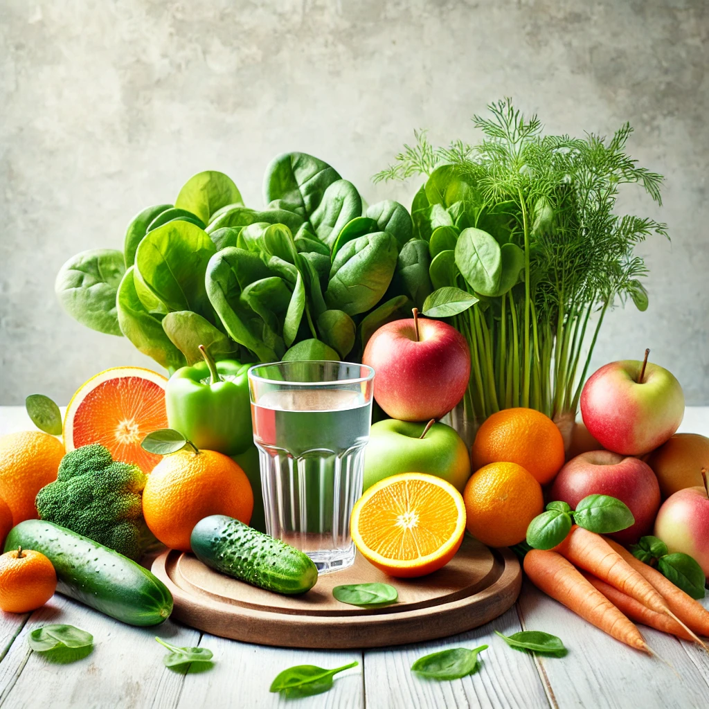 DALL·E 2025-01-27 11.13.12 - A clean and vibrant layout of fresh fruits and vegetables arranged beautifully on a wooden table, with a glass of water in the center. The setting inc detox
