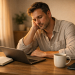 Tired person at a home desk showing the emotional weight of work life imbalance and early burnout