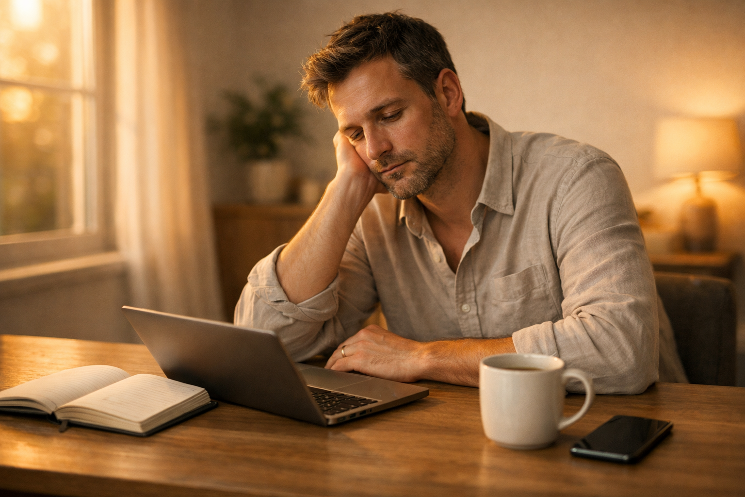 Tired person at a home desk showing the emotional weight of work life imbalance and early burnout