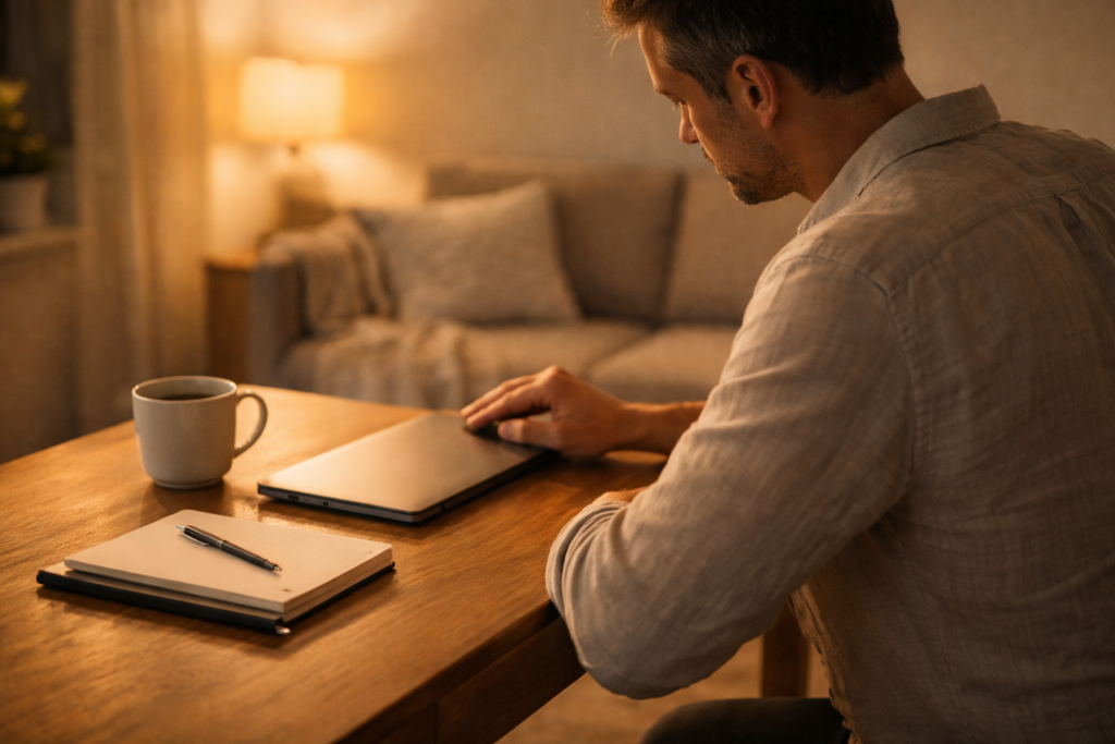 A quiet evening scene with a person closing a laptop, putting away work items, and stepping into a calmer personal space, warm indoor light, realistic home setting, gentle end-of-work ritual, editorial photography style.