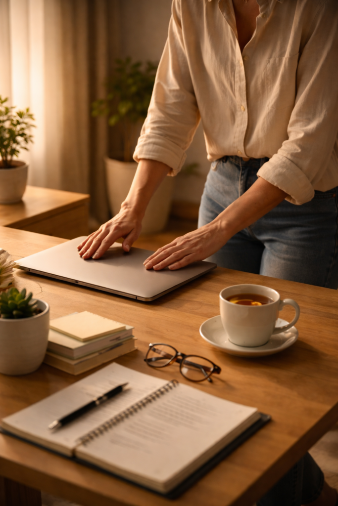 person stepping away from work and choosing rest over perfectionist pressure