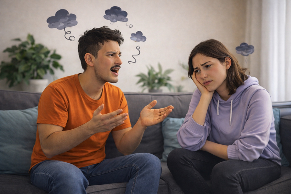 two people in conversation repeating frustration as a complaining habit