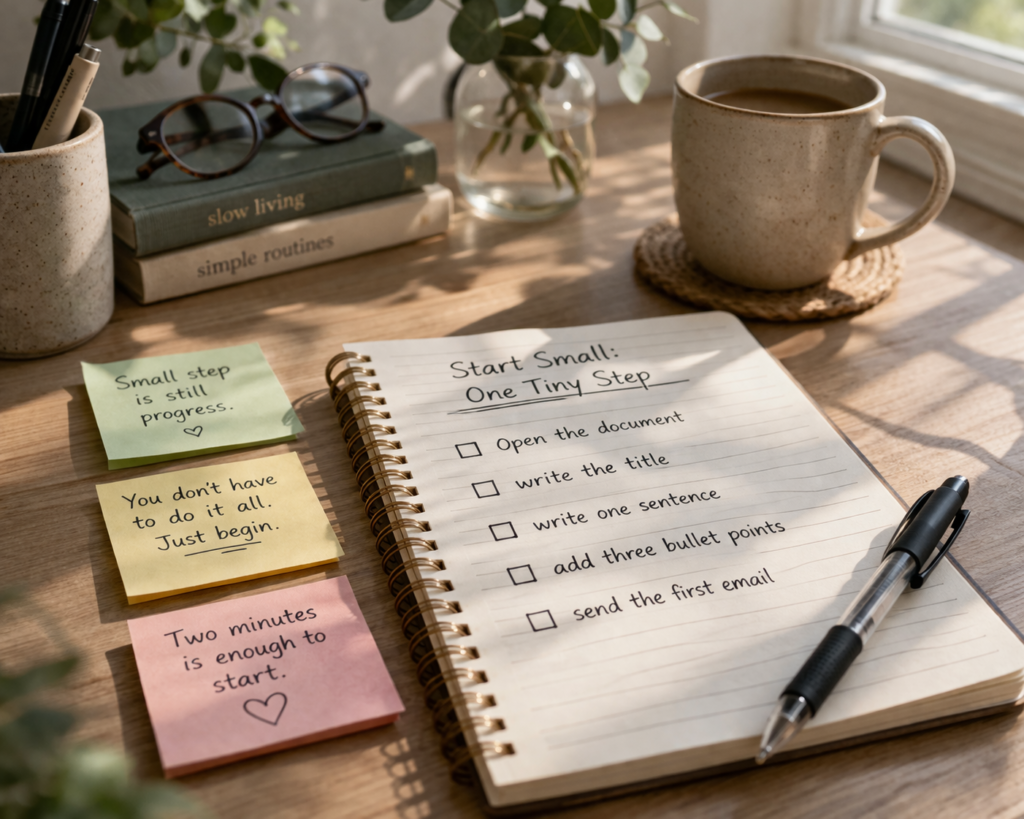 breaking procrastination into small manageable steps with notes and checklist