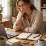 person sitting at a desk feeling Perfectionism pressure despite an organized workspace