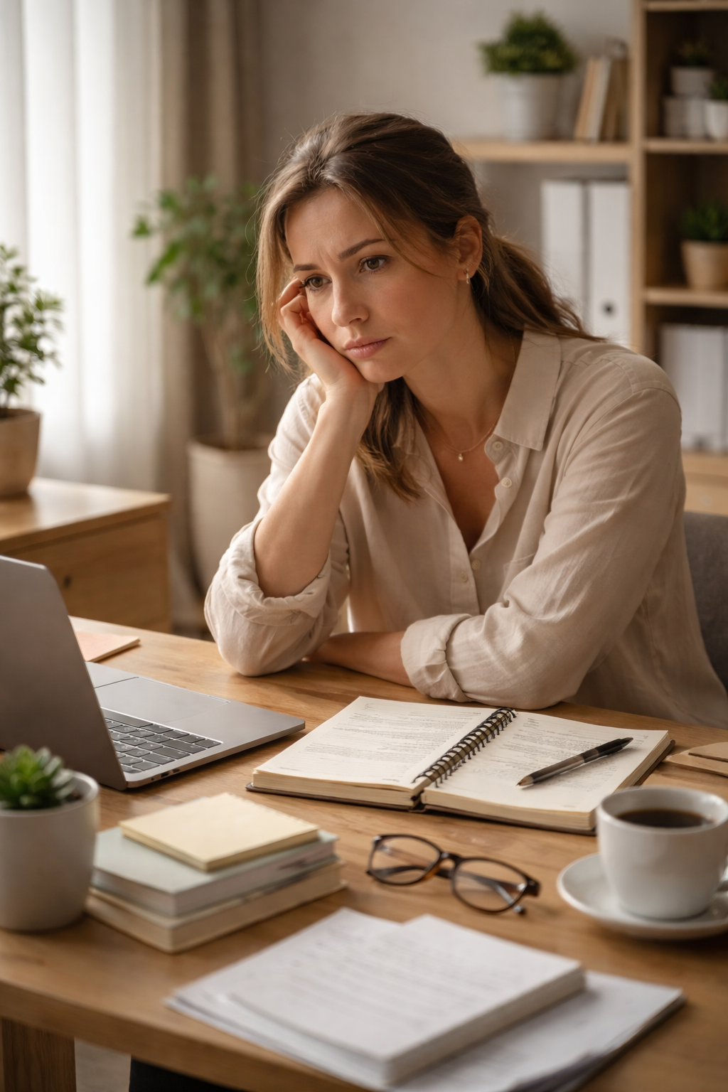 person sitting at a desk feeling Perfectionism pressure despite an organized workspace