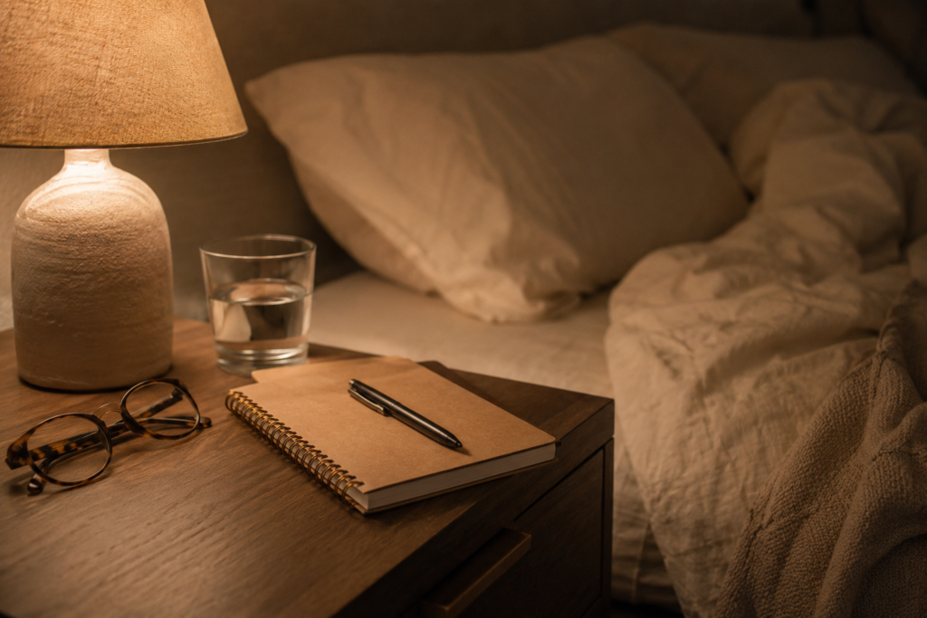 bedside notebook and lamp helping a busy mind sleep better at night