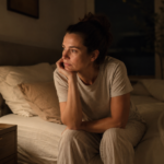 person trying to sleep better while sitting awake with racing thoughts at night
