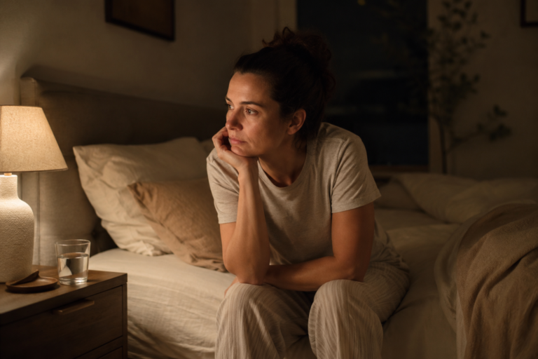 person trying to sleep better while sitting awake with racing thoughts at night