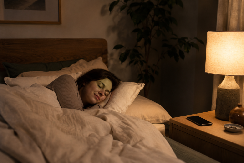 calm bedtime scene showing a gentler approach to sleep when the mind feels busy