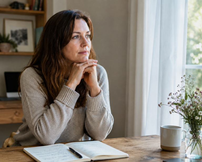 person reflecting quietly while noticing negative self talk